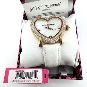 Betsey Johnson Heart-Shaped Crystal-Embellished Watch White Leather Band